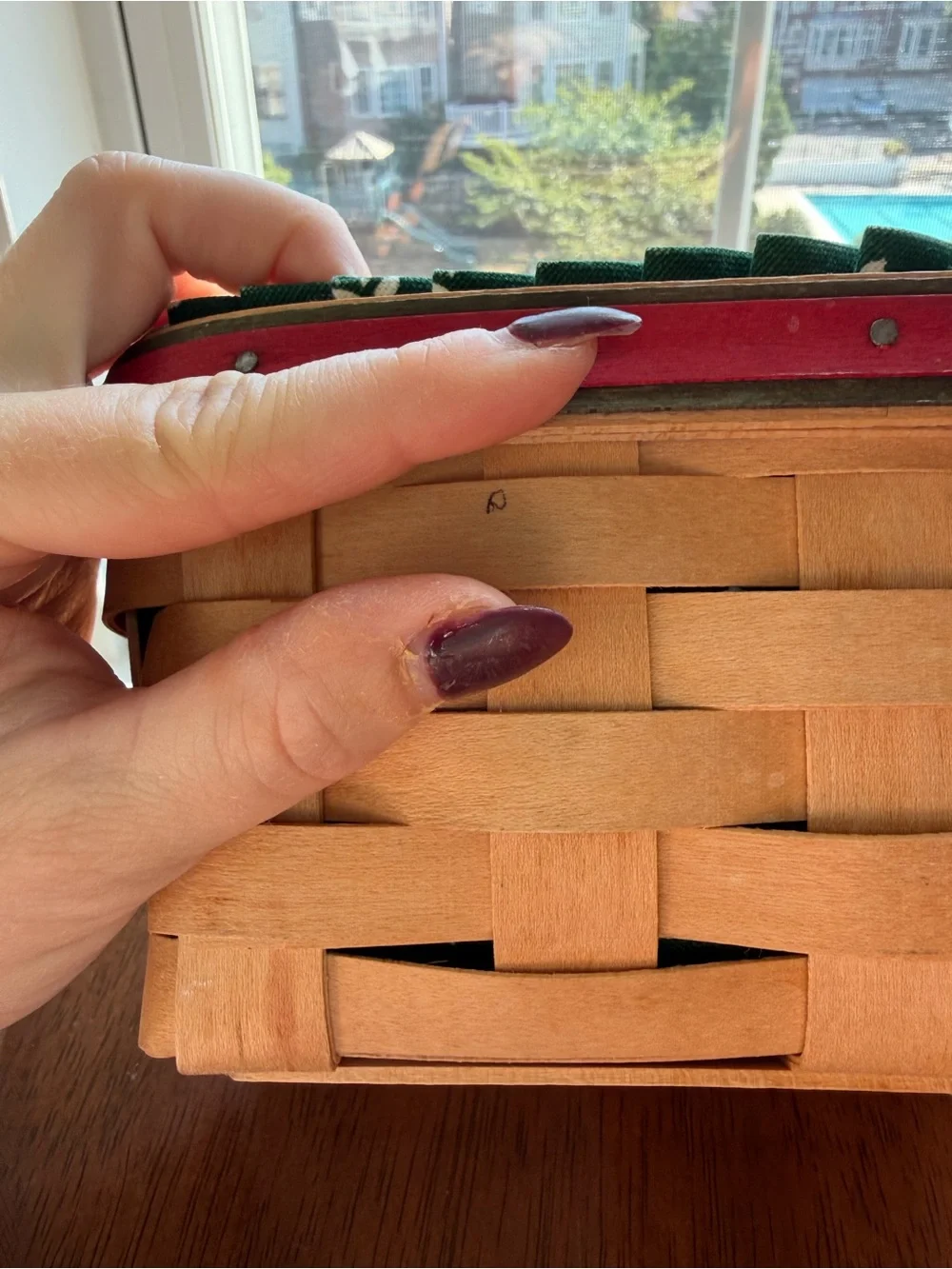 Woven longaberger Natural Basket with Green Liner and Red Trim
